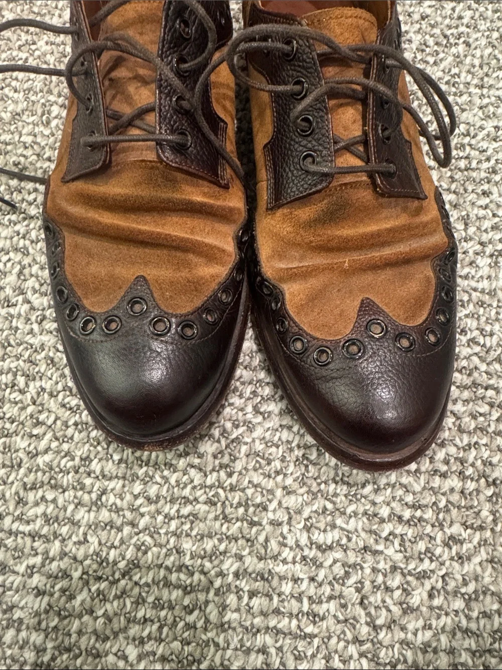 John Fluevog Men's Two-Tone Brown Suede & Leather Wingtip Oxfords